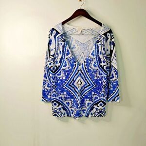Chico's Size‎ 2 US L Blue & White Abstract V Neck Art 2 Wear 3/4 Sleeve Boho Top